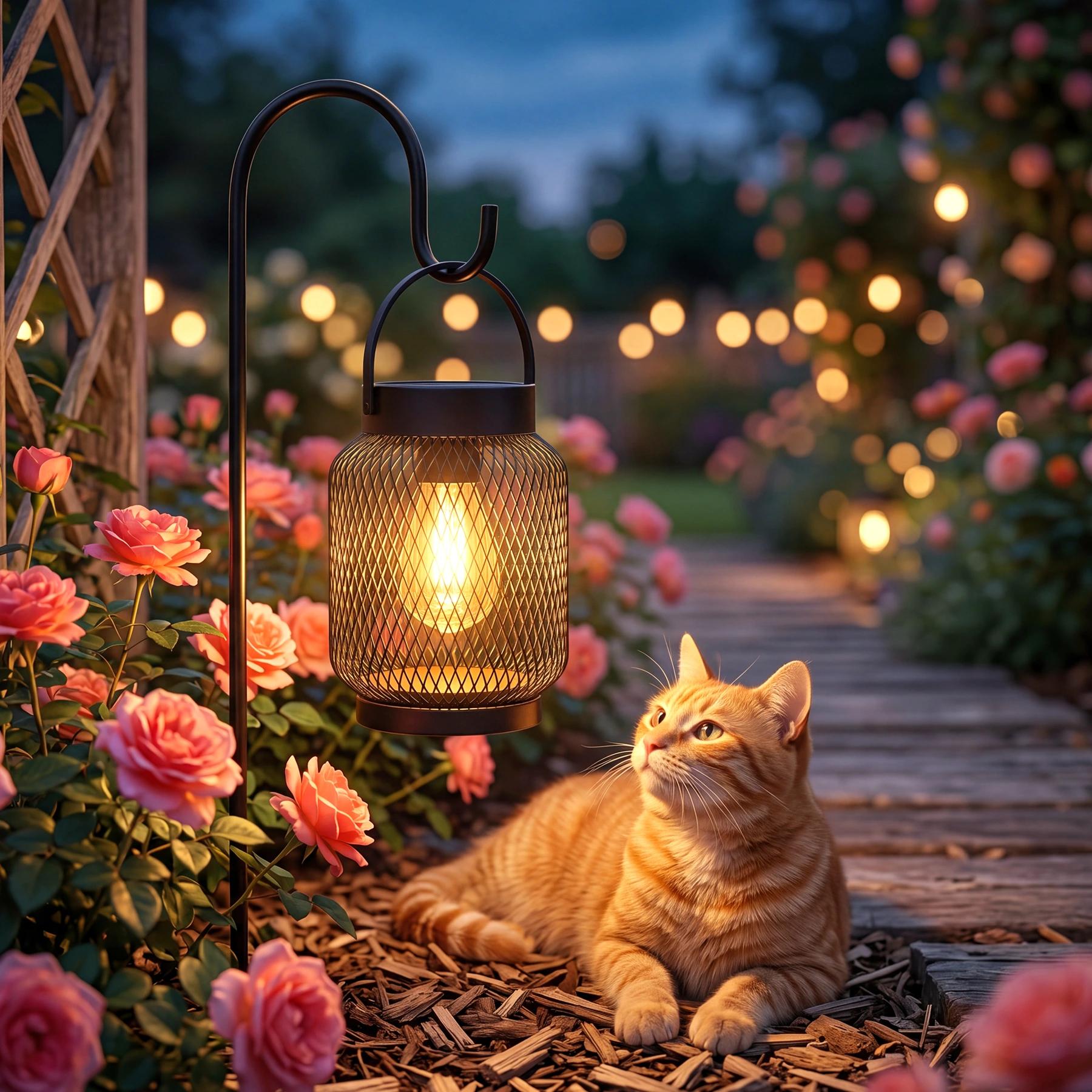 Mesh solar lantern and cat in a warmly lit garden