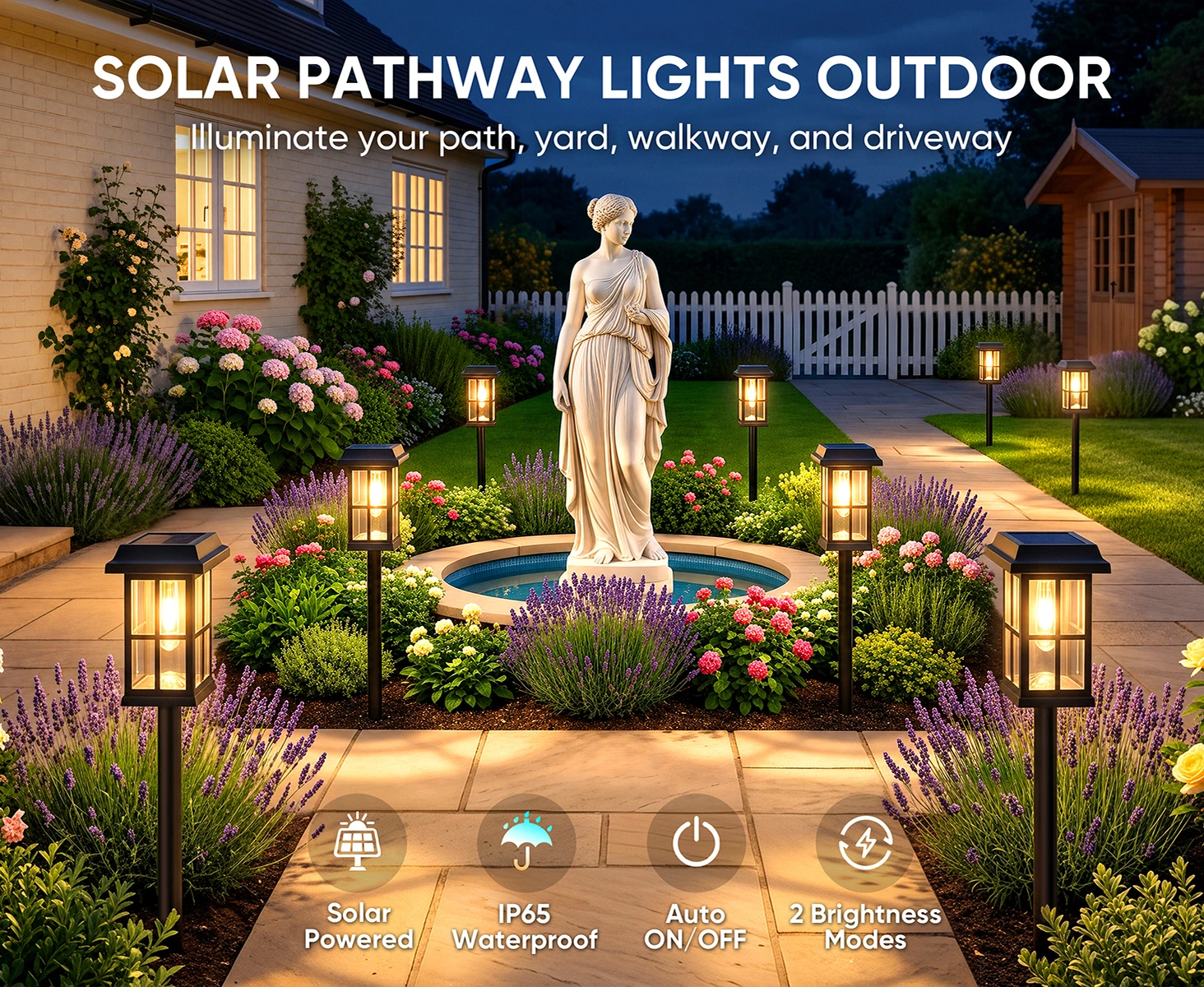 Solar pathway lights surrounding a central garden statue